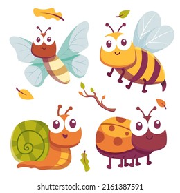 Collection of Cute animal insects and snail. Funny caterpillar and butterfly, ladybugs. Bug insect in cartoon character with colorful isolated,  vector illustration