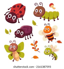 Collection of Cute animal insects and snail. Funny caterpillar and butterfly, ladybugs. Bug insect in cartoon character with colorful isolated,  vector illustration