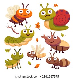 Colección de insectos animales y caracoles. Famoso oruga y mariposa, ladybugs. Infección de error en personaje de caricatura con ilustraciones de vector coloridas aisladas