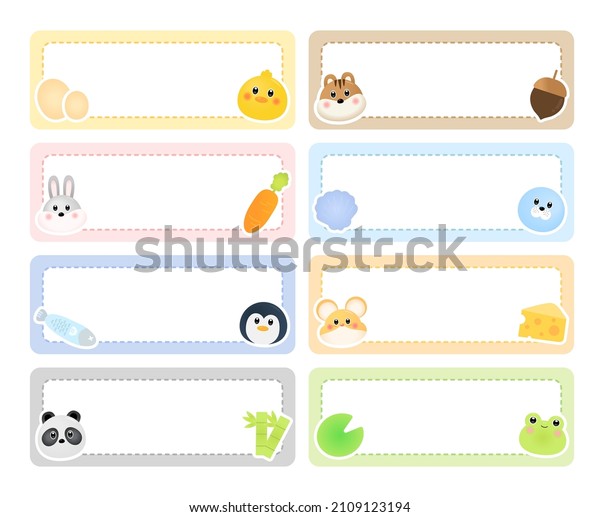 A collection of cute animal label stickers\
illustration set. Memo, paper, kindergarten, name tag, kid icon.\
Vector drawing. Hand drawn\
style.