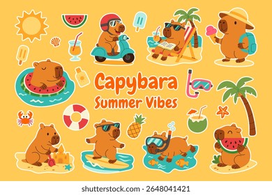 Uma coleção de adesivos de animais bonitos com um fundo amarelo que diz "Capybara Summer Vibes"