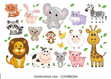 Collection of cute animals in cartoon style. 
