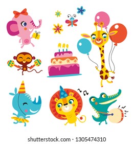 Collection of cute animals and elements in childish style for designing own posters and invitation cards. Vector isolated illustration. 