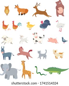 collection of cute animals: farm animals, wild animals, cute pets. Isolated over white background. Vector illustration.