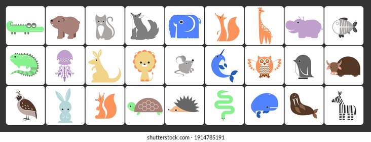 Collection of cute animals: farm animals, wild animals, sea animals isolated on white background. Vector illustration
