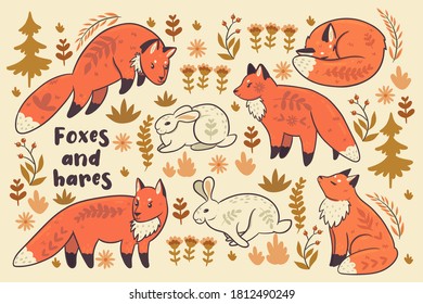 Collection of cute animals Foxes and hares. Vector graphics.