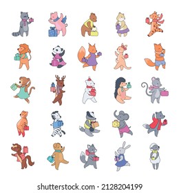 Collection of cute animals with gift boxes. Birthday illustrations.