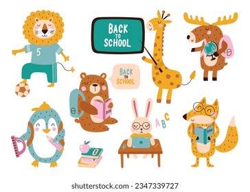 Colección de lindos animales van a la escuela. Ilustraciones vectoriales