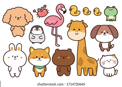 Collection of cute animals hand drawn on white background.Cartoon character design set.Rabbit,bear,dog,penguin,frog,duck,crab,flamingo,giraffe,cat,shiba inu doodle.Kid graphic.Vector.Illustration.