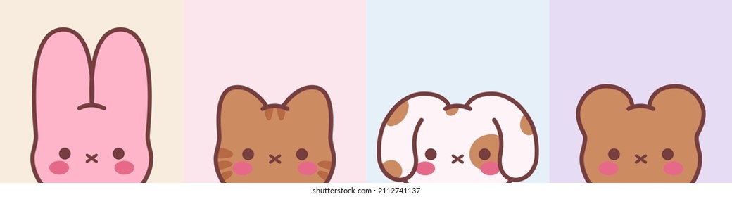 Collection of cute animals hand drawn on pastel color background.Cartoon character design set.Rabbit,bear,dog, cat doodle.Kid graphic.Vector.Illustration.