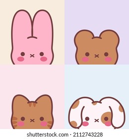 Collection of cute animals hand drawn on pastel color background.Cartoon character design set.Rabbit,bear,dog, cat doodle.Kid graphic.Vector.Illustration.