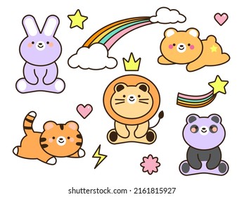 Collection of cute animals hand drawn on white background. Cartoon character design set. Rabbit, bear, lion, tiger. Kid graphic. Vector. Illustration. EPS