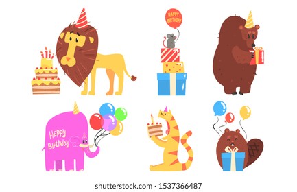 Collection of Cute Animals for Happy Birthday Design, Lion, Mouse, Bear, Elephant, Cat, Beaver Vector Illustration