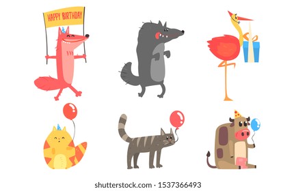 Collection of Cute Animals for Happy Birthday Design, fox, Wolf, Cat, Flamingo, Cow Vector Illustration