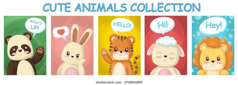 Collection of cute animals Hare, tirg, mouse, panda, sheep, lion with clouds with text hand-drawn characters. Vector illustration.
