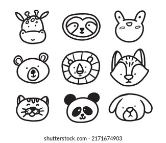 Collection of cute animals head in hand drawn illustration. 