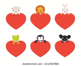 Collection of cute animals holding big hearts, isolated on white. Hand drawn vector illustration. Scandinavian style flat design. Concept for kids Valentines day card, holiday print, invite, gift tag.