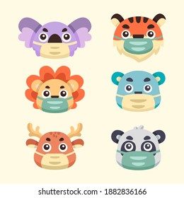 collection cute animals illustrations wearing masks