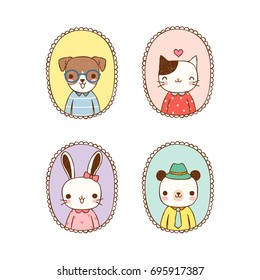 Collection of cute animals including dog, cat, rabbit and bear with vintage frames on pastel color style. Isolated on white background. Flat design. Vector illustration.
