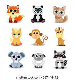 Collection of cute animals including fox, panda, cat, pony, monkey, giraffe, koala, sheep and raccoon. Color vector illustration.