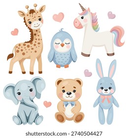 A collection of cute animals including a giraffe, owl, unicorn, rabbit, elephant and teddy bear.