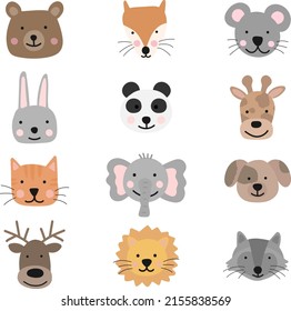 A collection of cute animals for kids. Vector image of a bear, fox, mouse, rabbit, panda, giraffe, cat, elephant, dog, deer, lion, raccoon. Concept of baby shower, holiday, birthday, children's 