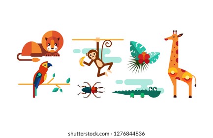 Collection of cute animals, lion, monkey, parrot, crocodile, giraffe, palm leaves vector Illustration