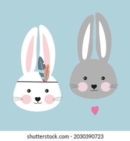 Collection of cute animals on an isolated background. Set of pets, head and face of a hare. Children's friends. Feathers on the head, crown, heart. Farm Animal Stickers