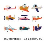 Collection of Cute Animals Pilots Flying on Retro Planes in the Sky, Octopus, Bird, Crocodile, Bunny, Snake, Giraffe, Dog, Hippo, Humanized Animals Characters Piloting Airplane Vector Illustration