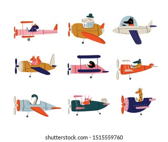 Collection of Cute Animals Pilots Flying on Retro Planes in the Sky, Octopus, Bird, Crocodile, Bunny, Snake, Giraffe, Dog, Hippo, Humanized Animals Characters Piloting Airplane Vector Illustration