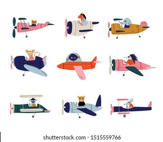 Collection of Cute Animals Pilots Flying on Retro Planes in the Sky, Elephant, Cat, Fish, Horse, Hedgehog, Coala, Mouse, Bear, Humanized Animals Characters Piloting Airplane Vector Illustration