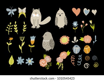 Collection of cute animals and plants. Vector cartoon elements, ideal for greeting cards, scrapbooking, home decoration.