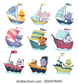 Collection of cute animals sailing on boat or ship steamer. Vector set funny baby cartoon sailors on sailboat with water waves isolated on white background