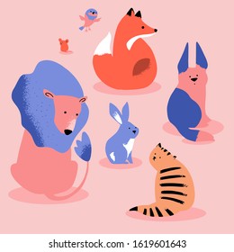 Collection of cute animals. Set of cartoon isolated characters and icons. Lion, fox, cat, dog, rabbit, bird, mouse. Vector illustration in flat style.