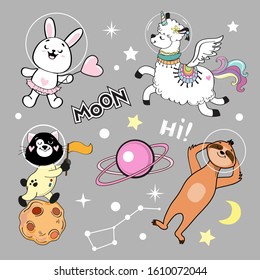 Collection of cute animals in space on a gray background. Llama, sloth, cat and bunny