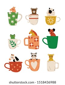 Collection of Cute Animals in Teacups, Adorable Little Pig, Bear, Lamb, Frog, Horse, Dog, Cow, Raccoon, Tiger Characters Sitting in Coffee Mug Cartoon Vector Illustration