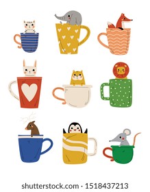 Collection of Cute Animals in Teacups, Adorable Little Kitten, Elephant, Fox, Bunny, Hamster, Lion, Deer, Penguin, Mouse Characters Sitting in Coffee Mug