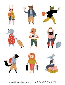 Collection of Cute Animals Tourists with Suitcases, Funny Humanized Animals Cartoon Characters with Luggage Going on Vacation Vector Illustration