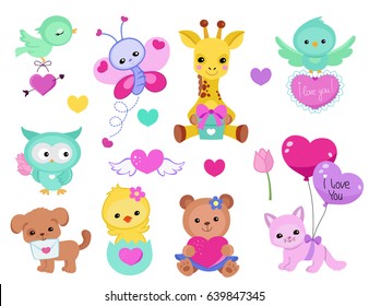 Collection of cute cute animals for Valentine's Day, weddings, congratulations, declarations of love.