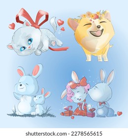 Collection with cute animals.little love situations with cute animals. cat,dog, rabbits family