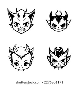 A collection of cute anime devil heads featuring various expressions and accessories, Hand drawn in intricate line art