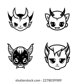 A collection of cute anime devil heads featuring various expressions and accessories, Hand drawn in intricate line art