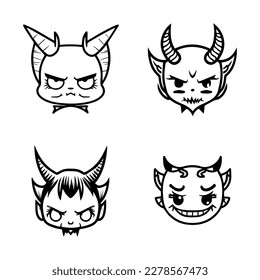 A collection of cute anime devil heads featuring various expressions and accessories, Hand drawn in intricate line art