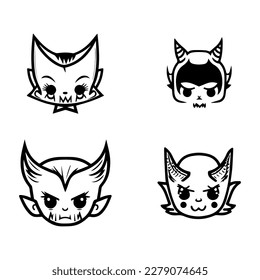 A collection of cute anime devil heads featuring various expressions and accessories, Hand drawn in intricate line art