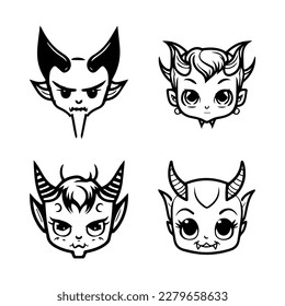 A collection of cute anime devil heads featuring various expressions and accessories, Hand drawn in intricate line art