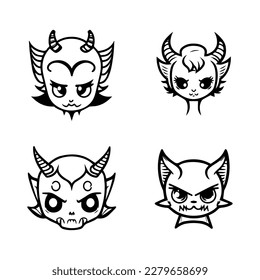 A collection of cute anime devil heads featuring various expressions and accessories, Hand drawn in intricate line art