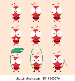 Collection of cute ant characters on pink background, Vector illustration.