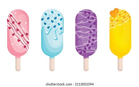 collection of cute appetizing cakesicles  on a stick for valentine's day with icing, sprinkles and hearts.cakesicles 