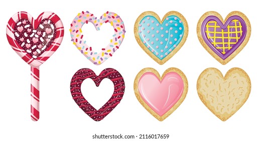 Collection of cute appetizing desserts in the form of hearts for valentine's day.