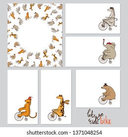 A collection of cute art cards for children. Animals on bicycles. Children's card. Giraffe, bear, tiger, zebra, elephant.